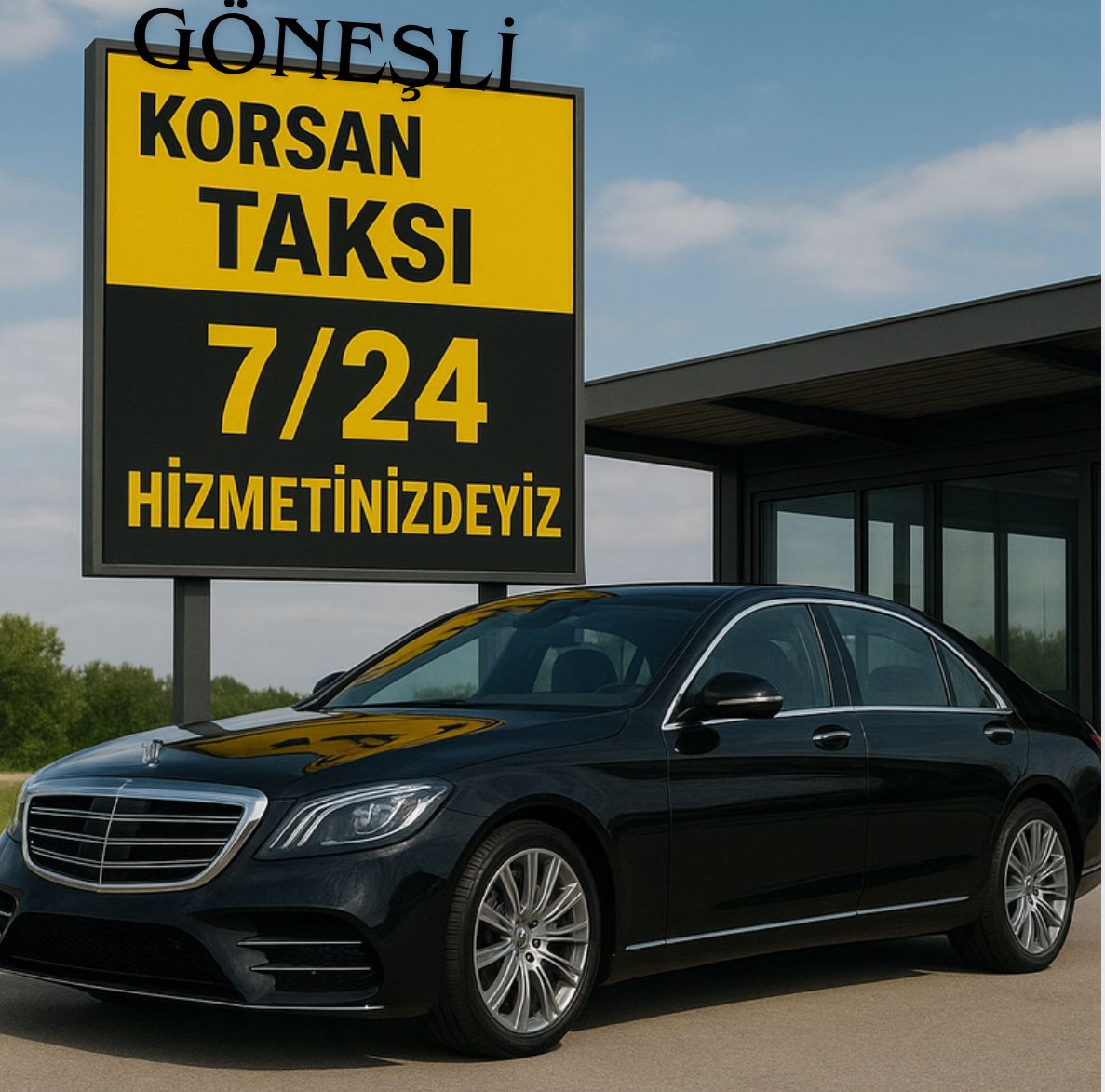 “Güneşli Korsan Taksi logosu ve taksi aracı görseli”